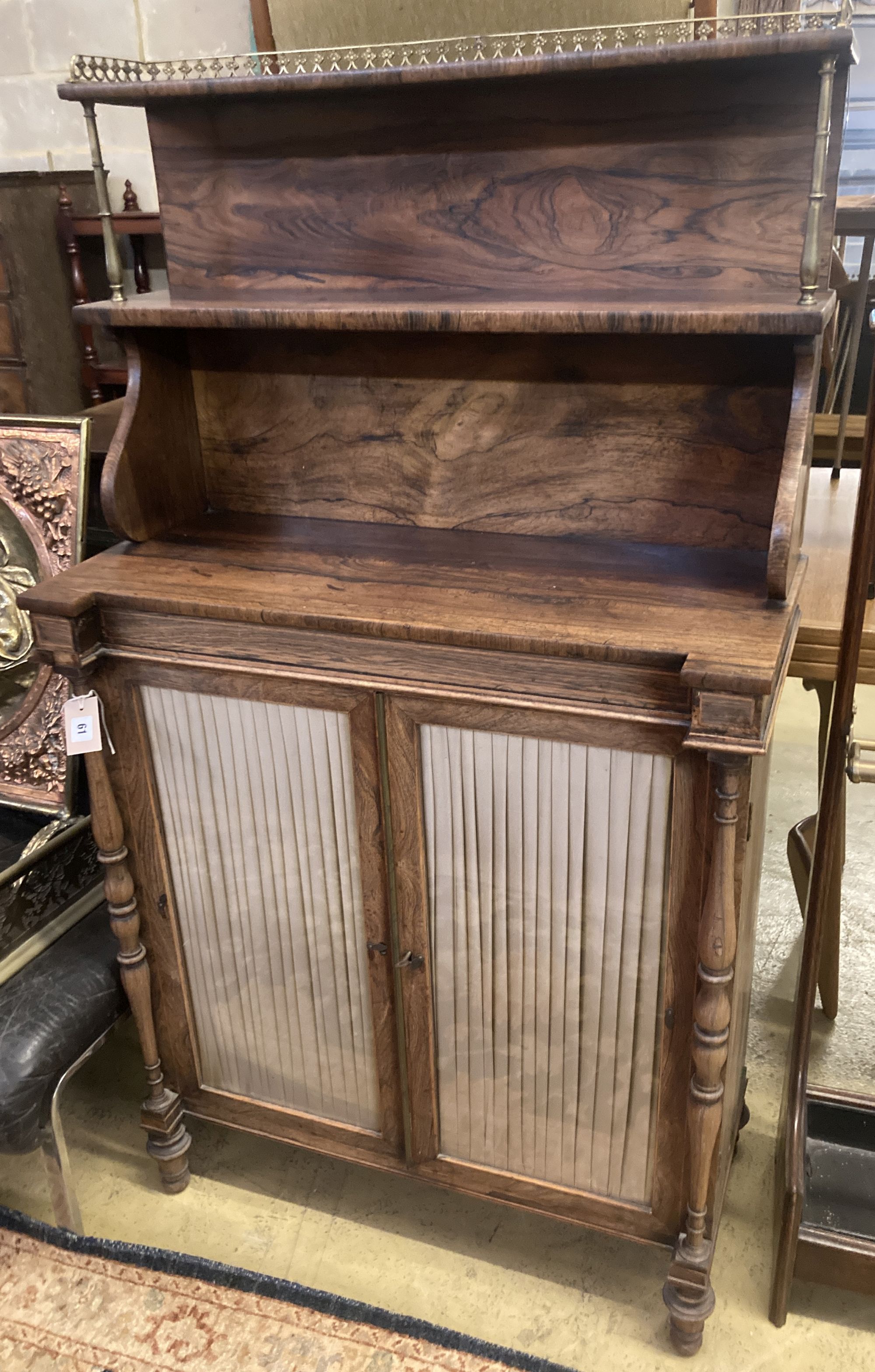 An early 19th century rosewood chiffonier fitted two-tier superstructure, width 79cm depth 36cm height 142cm